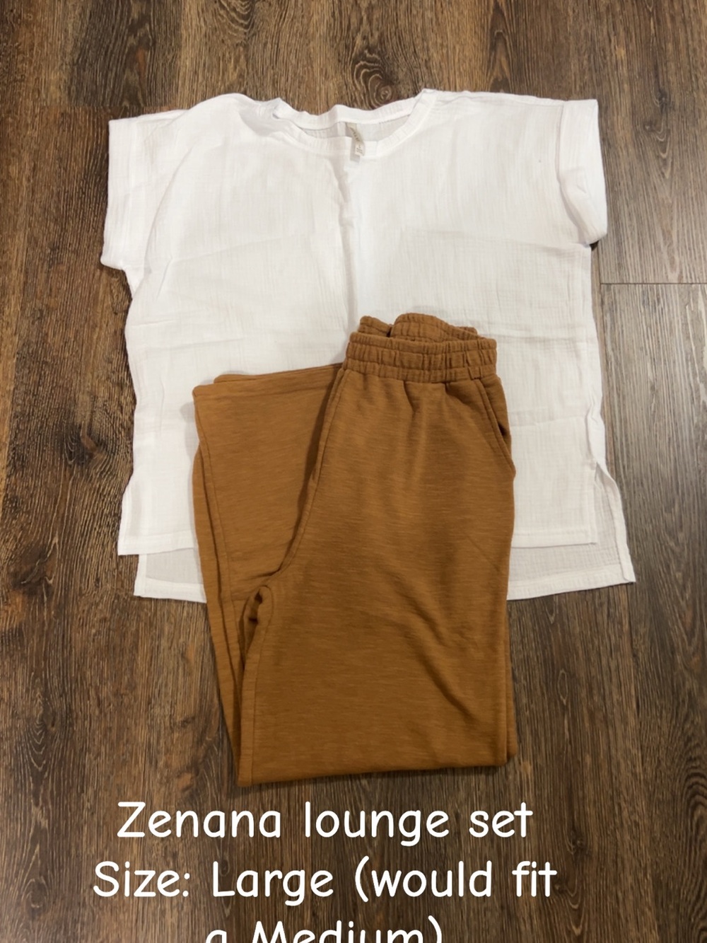 Zenana Outfitters White Short Sleeve Top with Brown Jogger Pants
